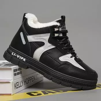 New fur lined ankle boots men s faux leather snow shoes student boys plush booties man winter high top shoes mens trendy boots 39 хаки