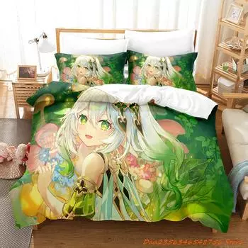 Новый игровой комплект постельного белья Nahida Genshin Impact, комплект из трех предметов для взрослых и детей, 3D Kawaii Girls AU Single(140x210cm)