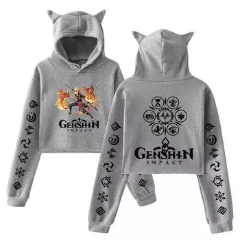 New Genshin Impact Pullover Girls Casual Cat Cropped Hoodies Female Long Sleeve Sweatshirts Crop Top Women s Hoodie Sexy Tops XS белый