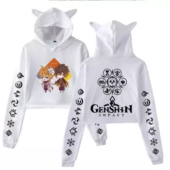 New Genshin Impact Pullover Girls Casual Cat Cropped Hoodies Female Long Sleeve Sweatshirts Crop Top Women s Hoodie Sexy Tops XS белый