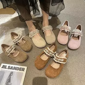 New gentle flat bottom round head pearl lazy single shoes 2025 spring bow Velcro fairy wind Doudou shoes 35 хаки