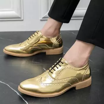 New Gentleman Gold Black Lace Up Brogues Formal Dress Shoes For Men Male Wedding Prom Homecoming Flats Sapato Social Masculino 38