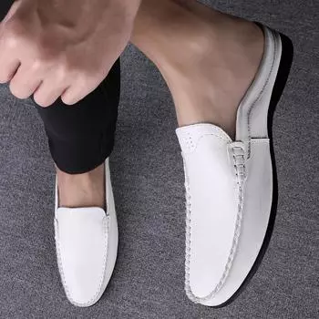 New Genuine Leather Half Slippers Men Luxury Mens Mules Shoes Moccasins Non-slip Man Casual Shoes New Summer Sandals For Men 37 белый