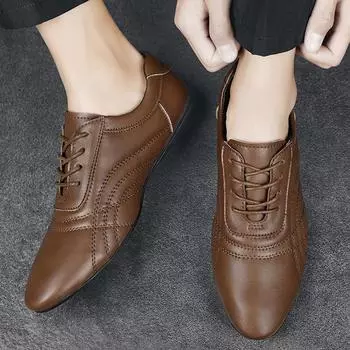 New Genuine Leather Male Flats Shoes 2024 All-match Fashion Oxfords Shoes Men Luxury Brand Lace-Up Male Comfortable Casual Shoe 38 чёрный