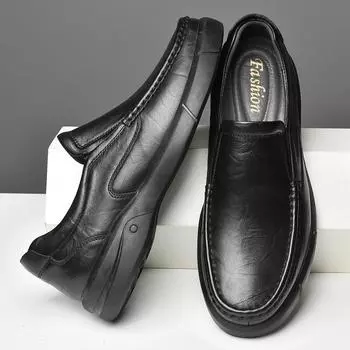 New Genuine Leather Shoes Men s Winter Leisure All-match High Quality Breathable Foot Peas Shoes Spring Loafers Winter Platform 38 чёрный