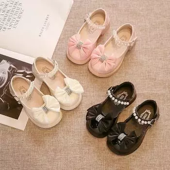 New Girl Leather Shoe Soft Sole Anti Slip Performance Kid Crystal Shoes Fashion Girl Princess Shoe Brand Girl Low Heeled Sandal 26insole15.8cm бежевый