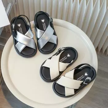 New Girl Sandals 2024 Summer Children Causal Cross Beach Sandals Fashion Open-toe Kids Princess Soft Bottom Sandals Hook Loop 26 серебряный