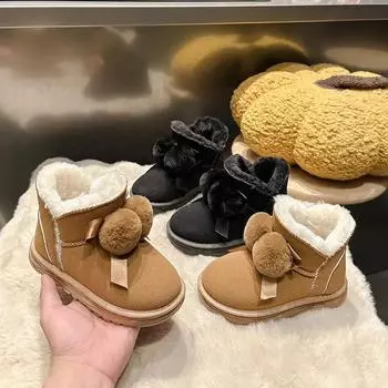 New Girl Snow Boots Warm Plush Winter Shoes for Children Outdoor Versatile Kids Causal Cotton Boots Fashion Sweet Ball Hairball 25 чёрный