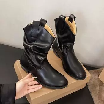 New girlfriends wear pleated stacked medium boots women s retro thick heel embroidered split-toed western cowboy boots 35