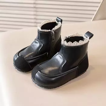 New Girls Boots Kids Fashion Boots Sweet 2024 Spring Autumn Children s Patchwork Ankle Boots Versatile Elegant Princess Shoes 22 чёрный