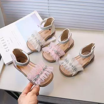 New Girls Luxury Flat Sandals Summer Children s Sandals Fashion Rhinestone Ankle Strap Kids Princess Causal Lace Roman Sandals 23 розовый