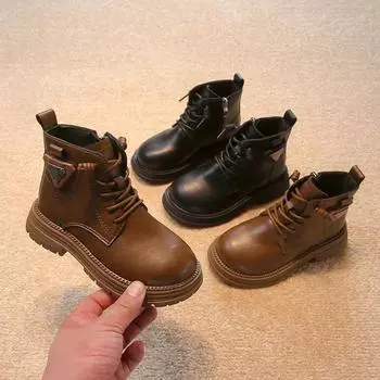 New Girls Platform Ankle Boots Round-toe Simple Children Leather Boots Versatile Spring Autumn Kids Fashion Black School Boots 26 чёрный
