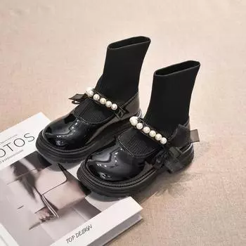 New Girls Princess Boots Sweet Bowknot Children Elegant Socks Shoes Fashion Black Glossy Kids Causal Ankle Boots Thick Bottom 26 чёрный