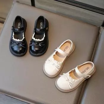 Новые туфли принцессы из кожи для девочек, черные детские туфли на плоской подошве в стиле Лолиты, милые шикарные кружевные детские повседневные туфли для школы, мягкая подошва, универсальные 26 чёрный