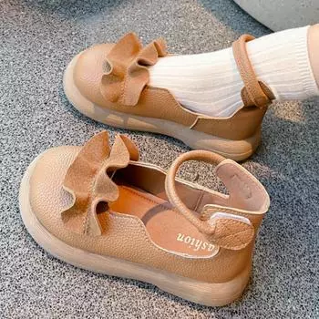 New Girls Princess Leather Shoes Simple Style Children s Pleated Shoes Fashion Causal Kids Versatile Flat Shoes Ankle-strap Soft 26 чёрный