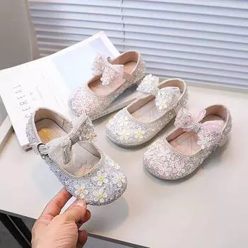 New Girls Princess Leather Shoes Sweet Flower Children s Flats for Party Wedding Fashion Causal Kids Dance Shoes with Bowtie 26 розовый
