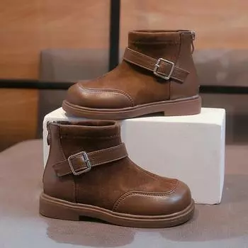 New Girls Retro Ankle Boots British Style Children Causal Cotton Boots Fashion Patchwork Versatile Kids Outdoor Leather Boots 23 чёрный