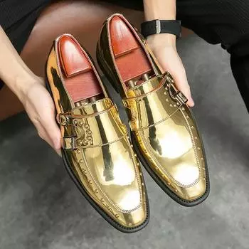 New Gold Men Dress Shoes Loafers Square Toe Buckle Strap Spring Autumn Handmade Wedding Shoes Size 38-46 38 золотой
