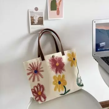 New graffiti flower handbag small fresh print sweet student shopping casual hand-painted shoulder canvas bag