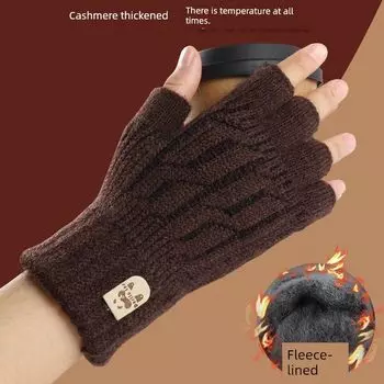 New Half Finger Gloves Winter Fleece-lined Warm Knitted Angora Wool Thickened Cold-Proof Male and Female Students Class Office Brown-Cashmere Heattech One size