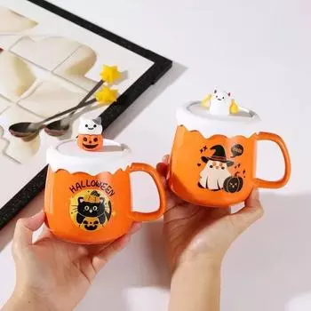New Halloween Ceramic Mug with Lid Spoon Gift Coffee Cup Set Pattern Mug Coffee Cup Birthday Tabletop Drinkware Gifts 301-400ml