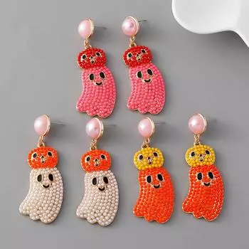 Новые серьги-гвоздики в виде тыквы-призрака на Хэллоуин, женские творческая личность, милые серьги-бусины в виде риса-призрака для женщин, модный шарм для вечеринки красный