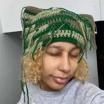 Новая шапка ручной работы с цветными блоками, связанная крючком, с кошачьими ушками, модная и персонализированная шапка для взрослых adult 57-59cm [excluding accessories]