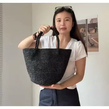 New Handmade Raffia Woven Handbag Women Large Capacity Tote Bag Casual Shoulder Bag Beach Bag European and American Black Black Black