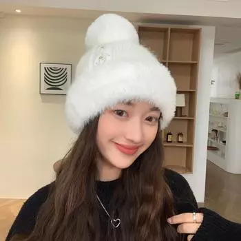 New Hat Female Rabbit Fur Knitted Wool Hat Winter Warm And Cold Hat Solid Color Versatile Ear Hat average size