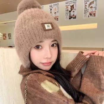 Новая шапка Женская модная вязаная шерстяная шапка с кожаной этикеткой Зимняя теплая студенческая шапка с ушками Толстая One Size