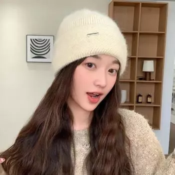 Новая шапка Женская Высококачественная Вязаная Шерстяная Шапка с Кроличьим Мехом и Яркими Стразами Зимняя Теплая и Защищающая от Холода Шапка с Ушками One Size