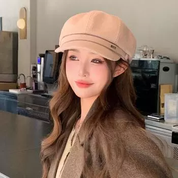 New Hat Women S Metal Label Solid Color Versatile Octagonal Hat Winter Warm Newsboy Hat Thin One Size