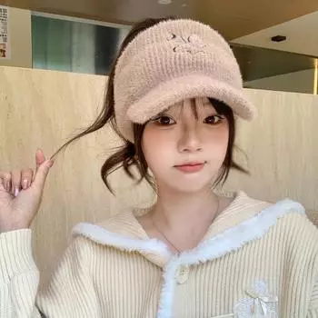 New Hat Women S Solid Color Versatile Embroidered Knitted Wool Hat Winter Warm Ear Protection Cap Thick One Size