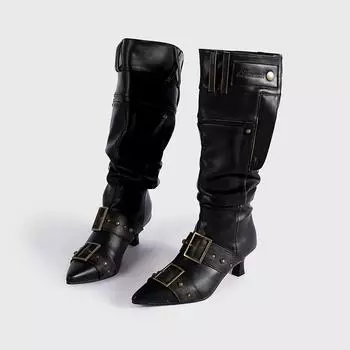 New heavy industry big tube circumference fashionable stacking boots long boots pleated fashion retro polished high knight boots 35