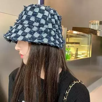 New heavy industry checkerboard bucket hat women s autumn and winter versatile face covering foldable denim burr basin hat M56-58cm темно-синий