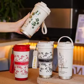Новый высококачественный внешний вид, сопутствующая кофейная чашка Lily of The Valley, термос из нержавеющей стали, чашка для двойного напитка с ручкой, портативная женская чашка для воды 500ml