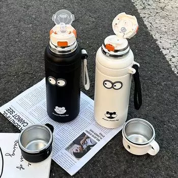 New High Appearance Level Thermos Cup Car Bear Stainless Steel Kettle Portable Outdoor Straw Cup Double Drinking Cup 800ml