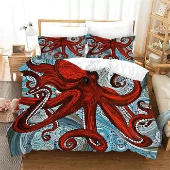 New High Definition Octopus Image Extra Large Duvet Cover Three Piece Bed Set One Duvet Cover Two Pillow Covers Flat Sheet&US King 264x228cm