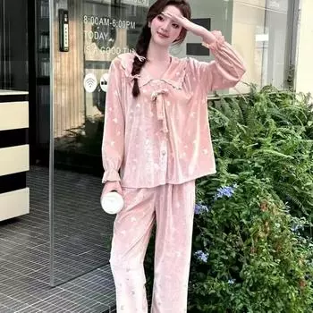 Новая высококачественная элегантная пижама из золотистого бархата для женщин, осенне-зимняя верхняя одежда с длинным рукавом, утягивающая домашняя одежда M розовый