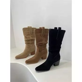 New High Heels Mid-calf Modern Boots Square Heel Square Toe Hot Sale Women s Shoes Mid Heel Sewing Women s Boots Zapatos Mujer 35 чёрный