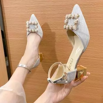 New High Heels Pearl Shoes Ladies Pointed Toe Ankle Buckle Strap Party Dress High Heels Women Solid Color Women Sandals 35