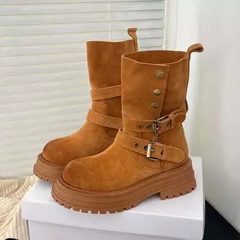 New High Quality Pleated Boots Women Nude Faux Suede Mid boots Ladies Retro buckle Thick soled Autumn Winter Comfort Short Boots 35 хаки