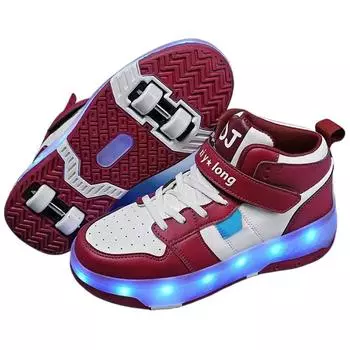 New High-top Children s Runaway Shoes Four-wheel Deformation Skates LED Luminous Wheels Shoes 28
