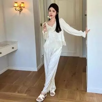 Новая домашняя одежда молочно-белый ледяной шелковый костюм пижама с пряжкой M белый