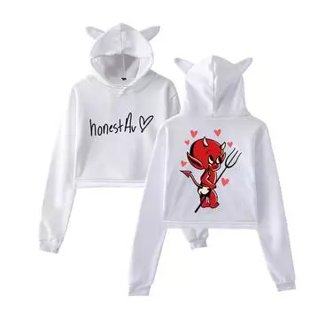 New Honestav Pullover Girls Casual Cat Cropped Hoodies Female Long Sleeve Sweatshirts Crop Top Women s Hoodie Sexy Tops XS белый
