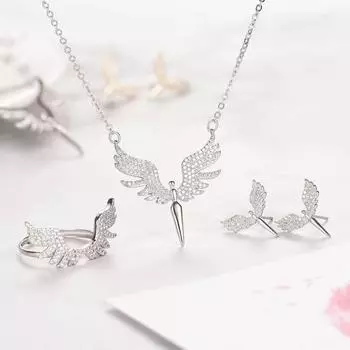 New Hot Selling Guardian Angel Wing Pendant Necklace Titanium Steel Necklace Ring Earnail Set Jewelry