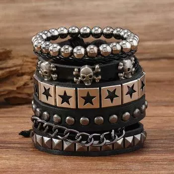 New hot-selling skull pentagram alloy accessories four-piece cowhide bracelet