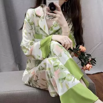Новая женская пижама из ледяного шелка на весну и лето, новый милый комплект домашней одежды с длинными рукавами и длинными брюками, зеленый комплект пижамы с цветочным принтом M