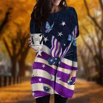 New In Autumn National Flag Butterfly Print Plus Size Dress Women O neck Long Sleeves Casual Pocket Dresses XS фиолетовый