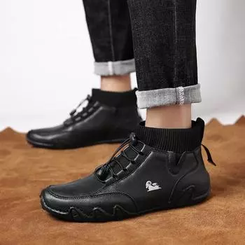 Новинка в категории Мужские ботинки Зимняя обувь для мужчин Меховая теплая черная кожа Высокие повседневные кроссовки Обувь класса люкс Мотоциклетные ботинки 37 хаки